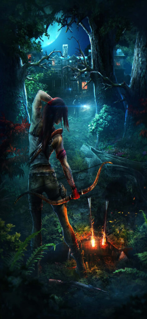 Mystical Woods: Lara Croft Wields Her Legendary Bow – A Backdrop Essence for Rise of the Tomb Raider Wallpaper