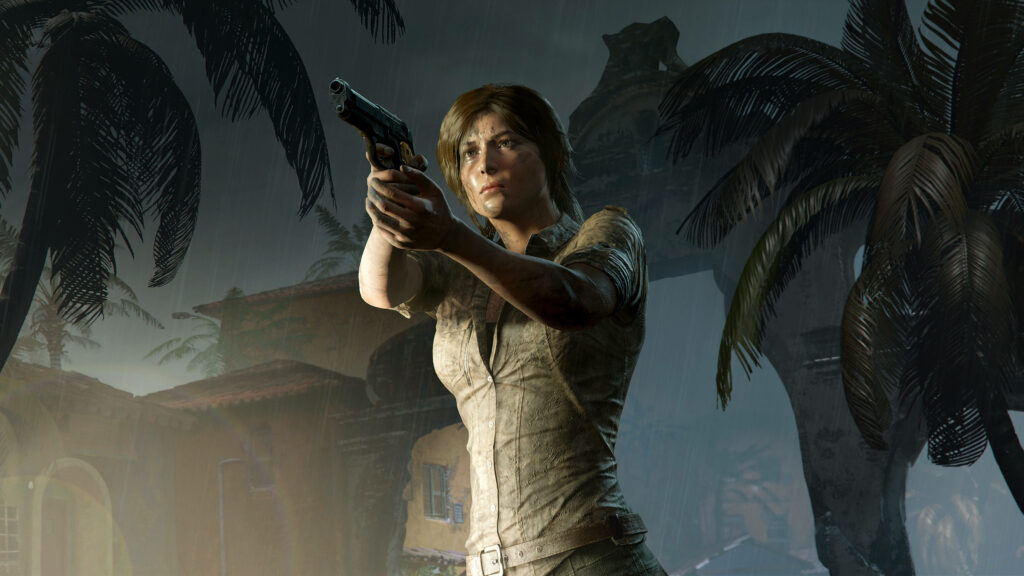 Lara Croft Unleashed: Moonlit Mayhem amidst Palm Trees! Wallpaper