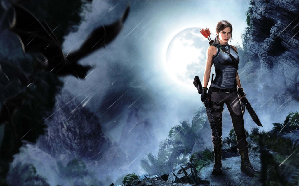 Stormy Skies: An Exquisite 4K Digital Portrait of Adventurous Lara Croft in Shadow of the Tomb Raider Wallpaper