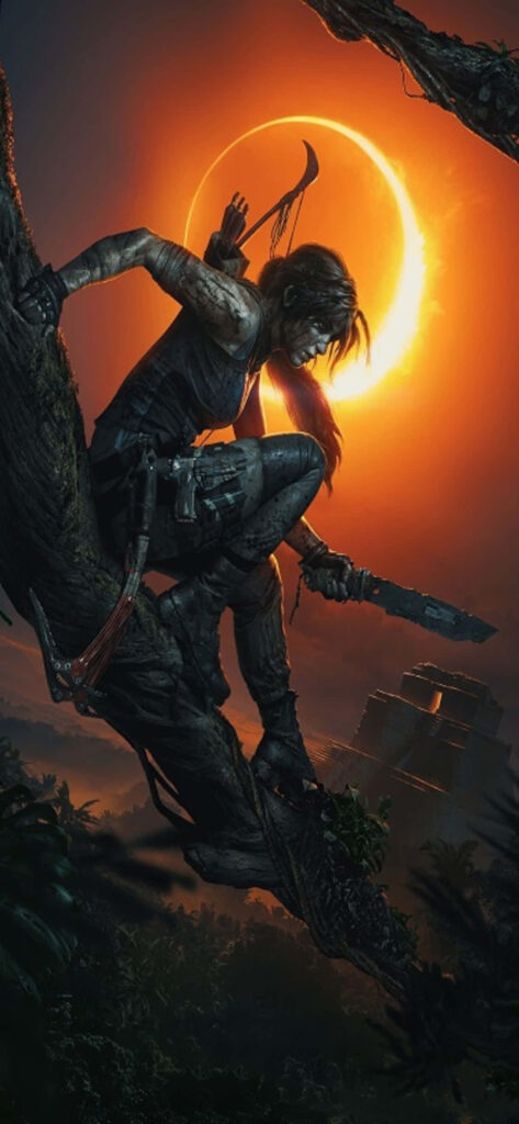 Warrior of the Shadows: Intense Lara Croft Stands Armed and Ready in Epic Battle Pose for the New Video Game, Shadow of the Tomb Raider Wallpaper