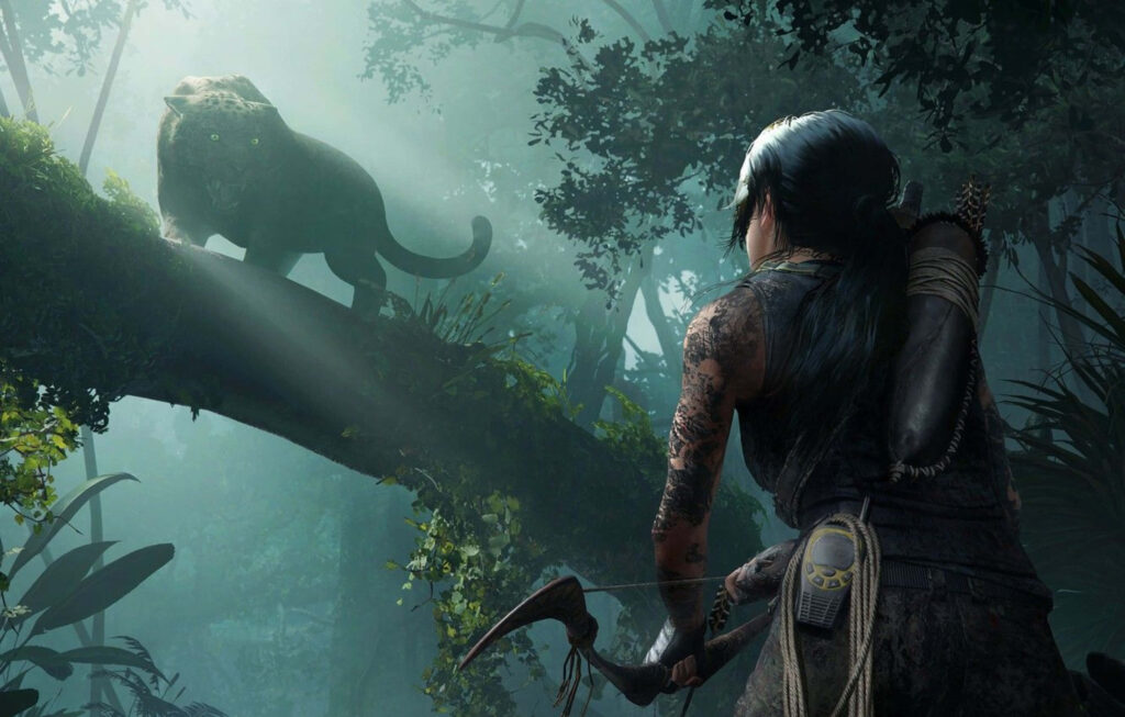 Deadly Encounter: Lara Croft Battling the Jungle's Fiercest Predator - A Breathtaking 4K Setting from Shadow of the Tomb Raider Wallpaper