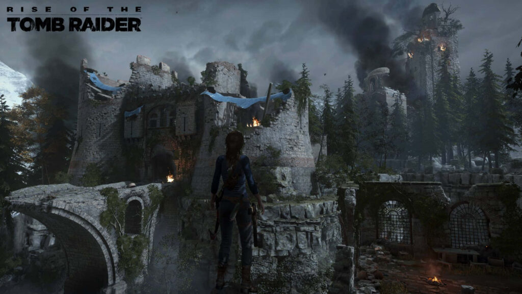 Fierce Adventurer Gazing at Enchanted Castle Amidst Mysterious Forest - Rise of the Tomb Raider Visual Extravaganza Wallpaper