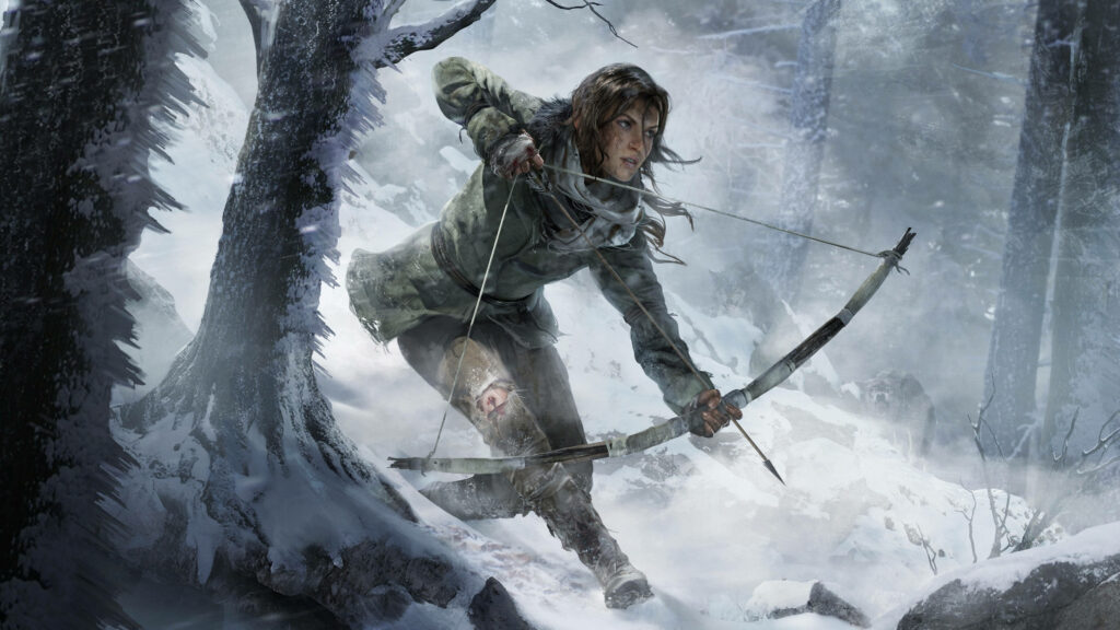 Silent Guardian of the Snowy Peaks: Lara Croft Ready to Strike Wallpaper