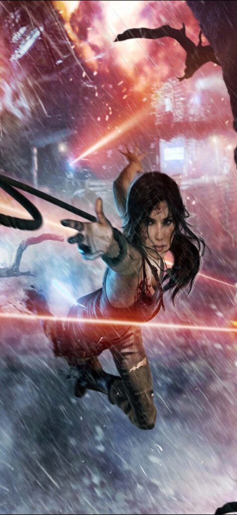 Digital Goddess: Lara Croft Embarks on a Laser-Lit Quest Wallpaper