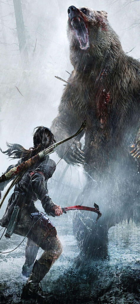 Intense Rise of the Tomb Raider Wallpaper: Lara Croft Faces Bear in Snowy Showdown