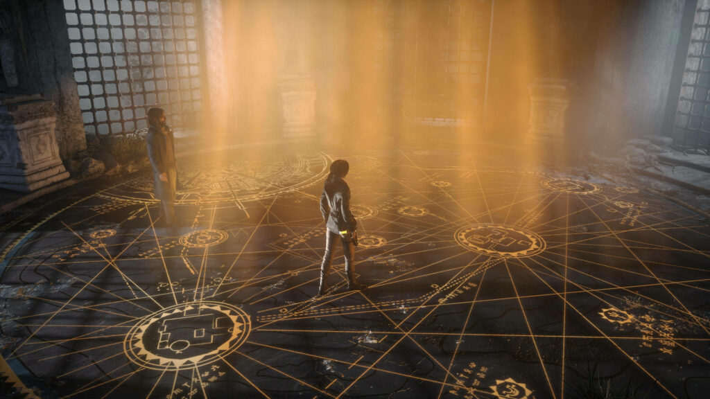 Puzzling Encounters: Lara Croft and Her Father Unravel Mysteries in an Enigmatic Chamber of Illuminated Texts (Rise of the Tomb Raider) Wallpaper