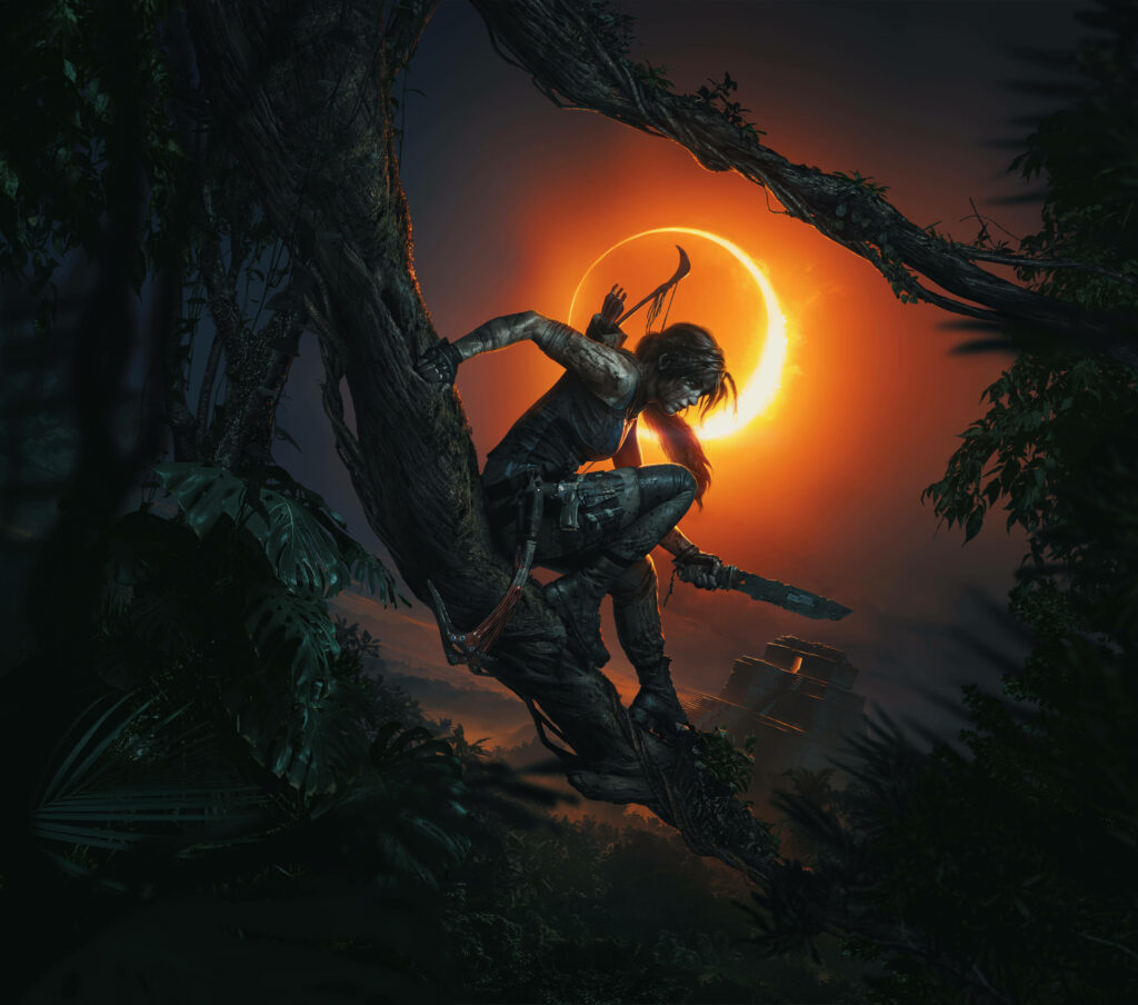 Lara Croft: Moonlit Warrior - A Daring Display of Power amidst Enchanting Wilderness Wallpaper