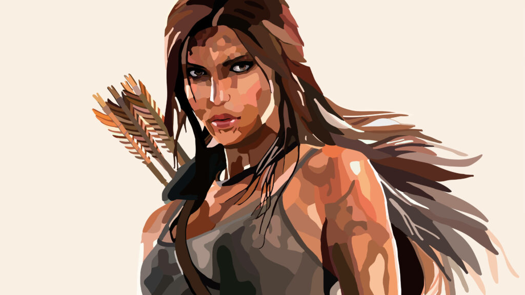 Legendary Tomb Raider Lara Croft in Action in a High-Quality Vector Illustration - Gray Tank Top and Arrows at the Ready Wallpaper