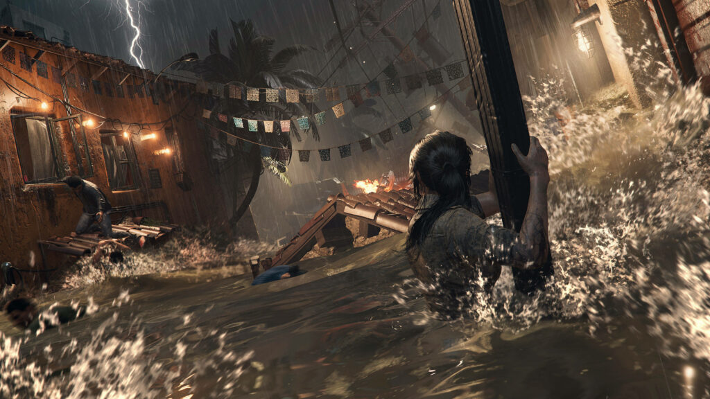 Daring Lara Croft Clings to Safety Amidst Devastating Flood and Thunderstorm, Witnessing Courageous Escape Efforts Wallpaper