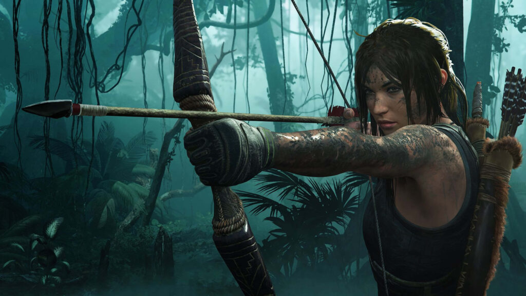 The Fierce Huntress: Lara Croft in the Enchanted Shadows of Shadow of the Tomb Raider Wallpaper