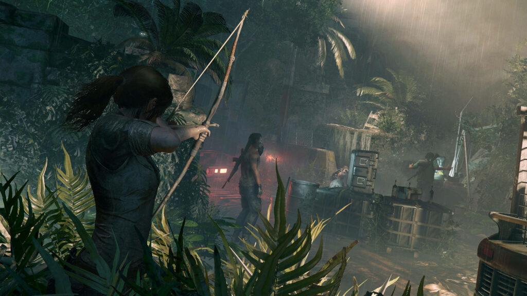 Rainy Night Revenge: Lara Croft's Deadly Encounter in Shadow of the Tomb Raider Wallpaper