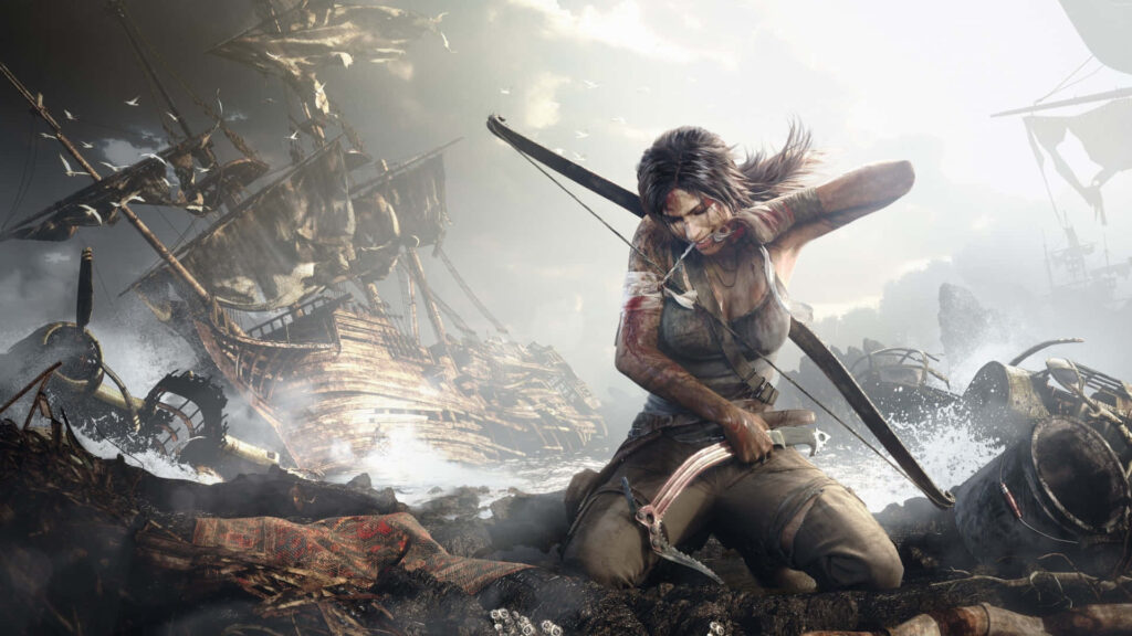 Survivor's Resilience: Lara Croft Tending to Her Wounds Amidst Fierce Battle Wallpaper