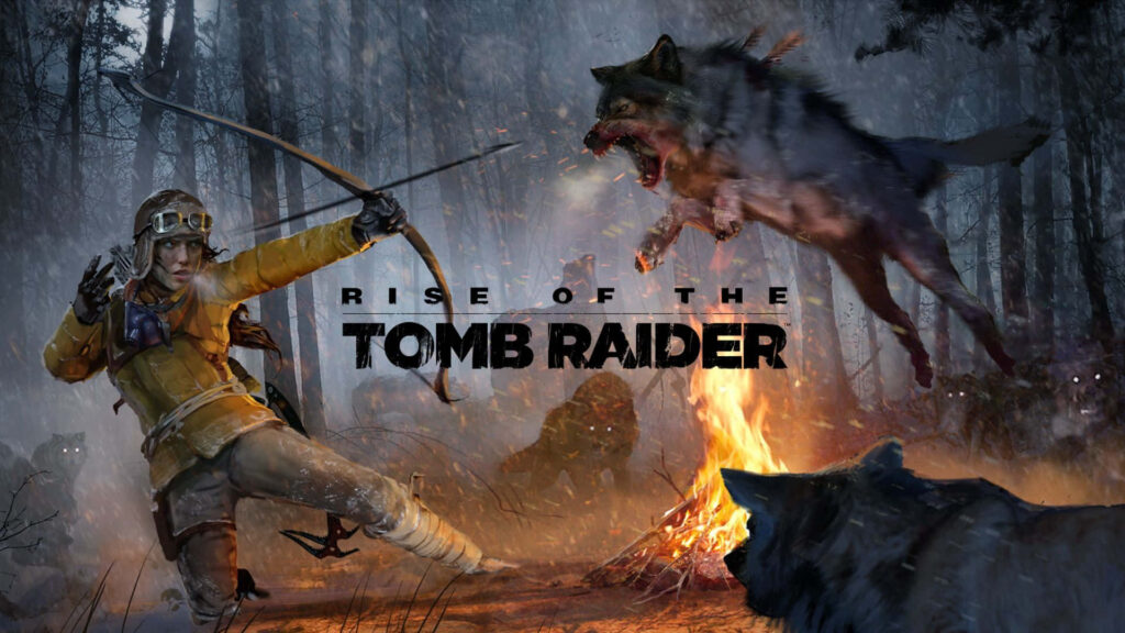 Lara Croft, the Fearless Adventurer, Unleashes her Deadly Skills on a Rampaging Wolf in Rise of the Tomb Raider: A Striking 1080p Masterpiece Wallpaper
