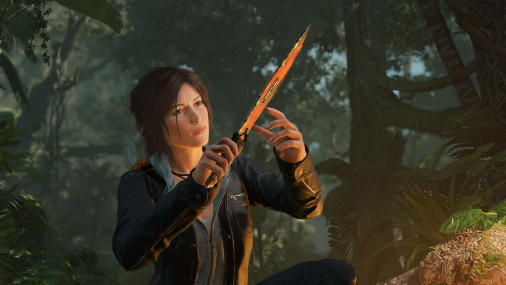 Flames of Determination: Lara Croft Tending to Her Trusty Blade in Serpent's Retreat Wallpaper