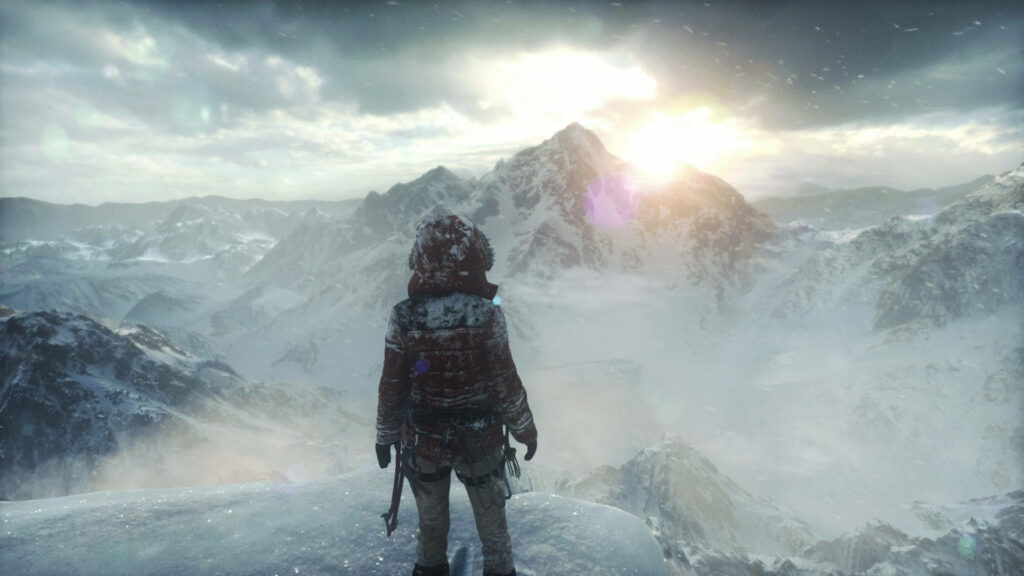Adventure Begins: Lara Croft Conquering the Frozen World from the Summit of Arctic Peaks Wallpaper
