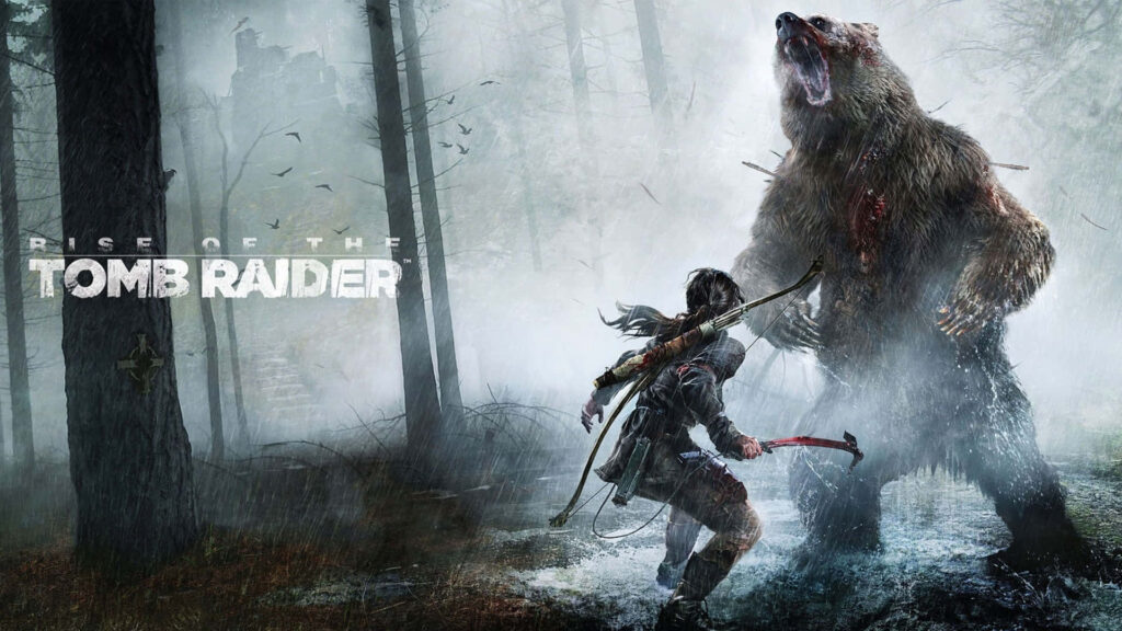 Rise of the Tomb Raider: Battle in the Enshrouded Woods - Lara Croft's Epic Encounter with a Mighty Bear Wallpaper