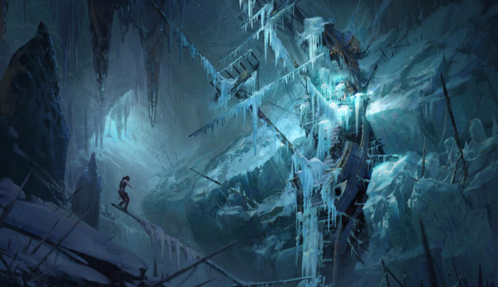 Fearless Lara Conquering treacherous icy terrain en route to the Frozen Vessel in Rise of the Tomb Raider Wallpaper