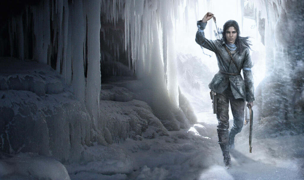 Fierce Lara Embarks into the Frozen Abyss: Unleashing her Arsenal in Rise of the Tomb Raider Wallpaper