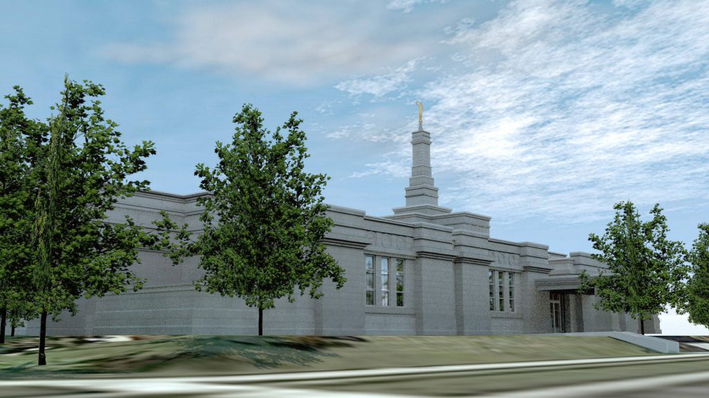Latter-day Saint temple with gray stone spire golden statue blue sky and green trees background Wallpaper