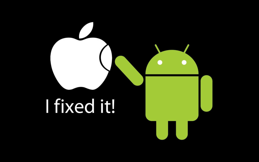 Tech Rivalry Under Repair: Hilarious Fan Art Pits Android against Apple with a Comedic Twist! Wallpaper