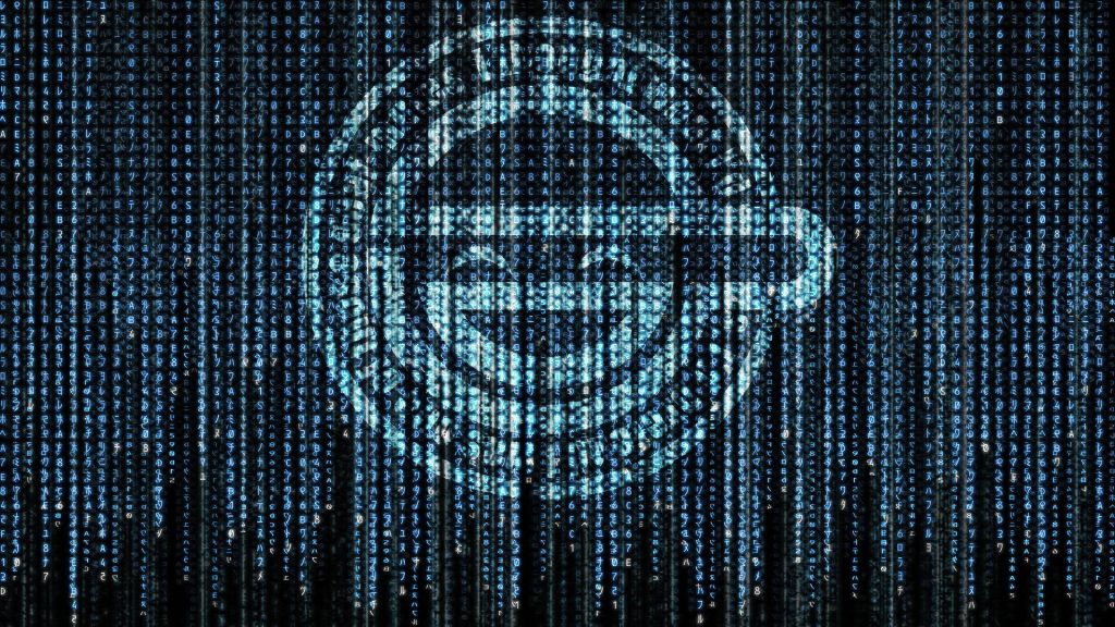 Laughing Man logo from Ghost in the Shell on glowing blue digital code cyberpunk wallpaper