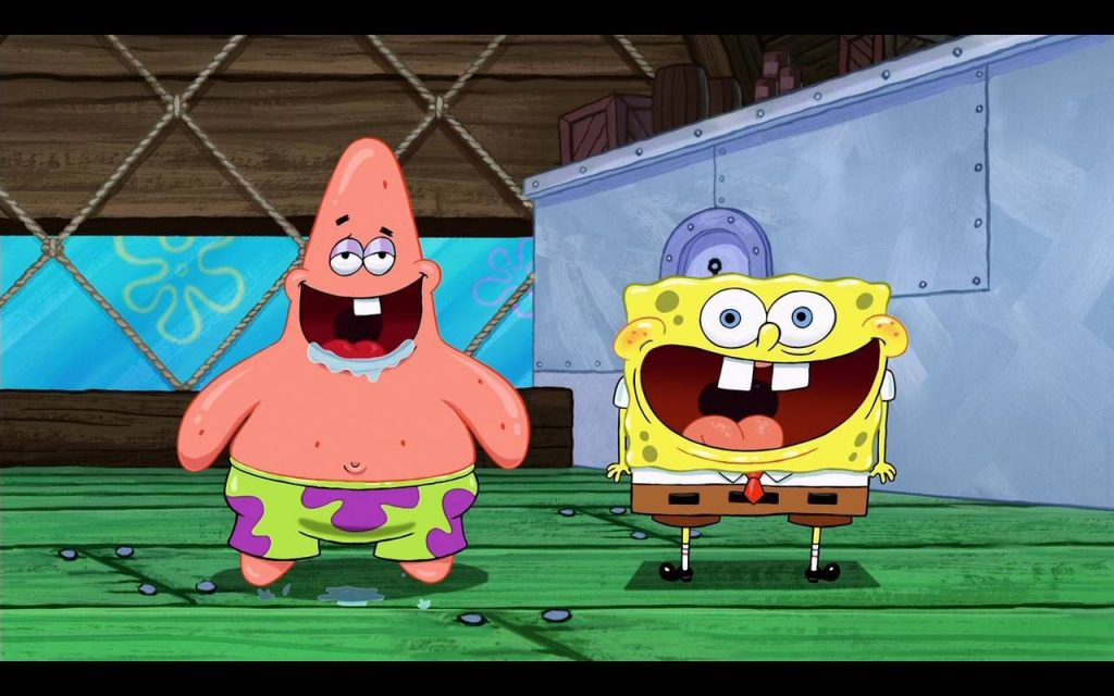 Laughing SpongeBob and Patrick in classic 2D style at Krusty Krab wooden floor wallpaper