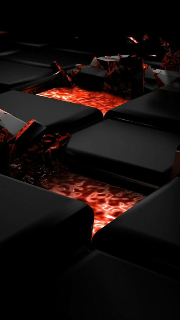 Fiery Depths: 3D iPhone on Matte Black Cubes with Lava-inspired Background Wallpaper