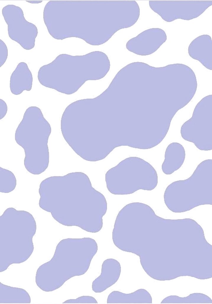 Playful lavender cow print wallpaper with irregular patches on white minimalist modern background