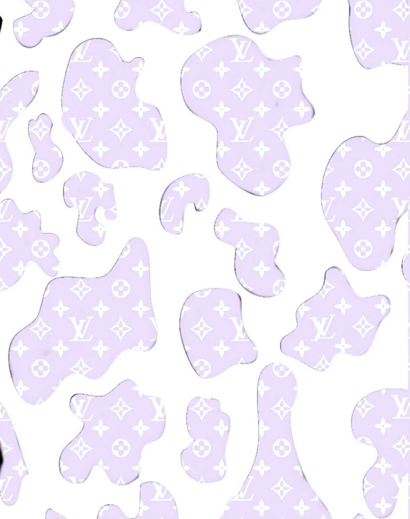 Modern cow print wallpaper with lavender Louis Vuitton monogram patches on white background