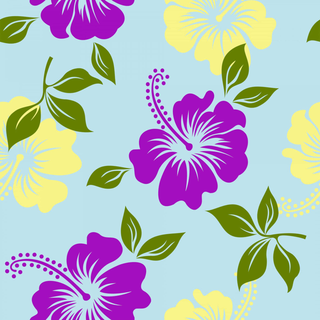 Lively Lavender & Yellow Hibiscus Wallpaper on Soft Blue Background