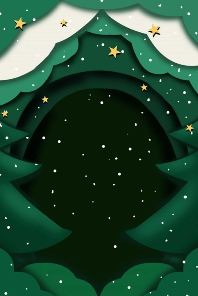 Layered Dark Green Christmas Tree Wallpaper with Snowflakes & Stars
