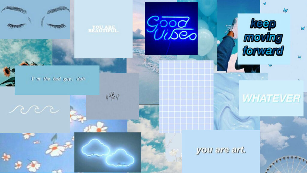 Tranquil light blue collage wallpaper with clouds sunflowers neon signs and inspirational quotes