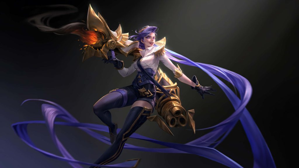 Layla Glorious General skin Mobile Legends hero with golden cannons and purple ribbons wallpaper
