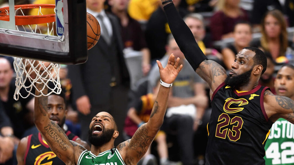 LeBron James blocks Marcus Morris shot in intense Cavaliers vs Celtics NBA playoff action wallpaper
