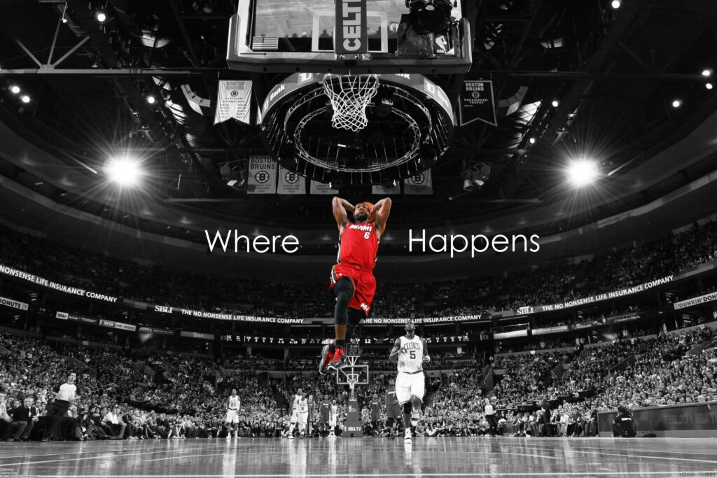 Dynamic LeBron James Dunk Wallpaper | Miami Heat Action Shot