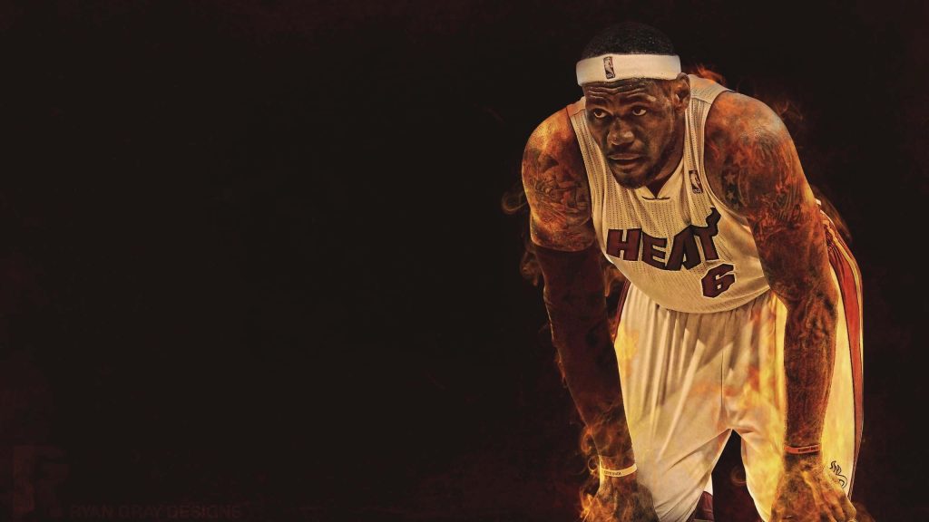 LeBron James Miami Heat basketball wallpaper glowing flames black background NBA superstar