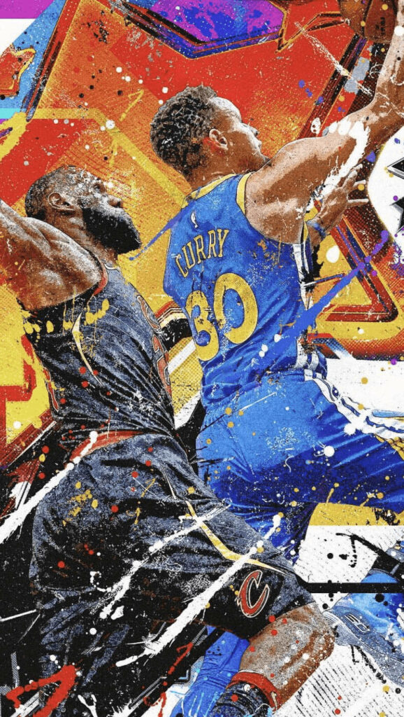 NBA Masterpiece: LeBron James Engulfed in a Dynamic Pursuit of Stephen Curry Amidst Vibrant Artwork and Abstract Setting Wallpaper