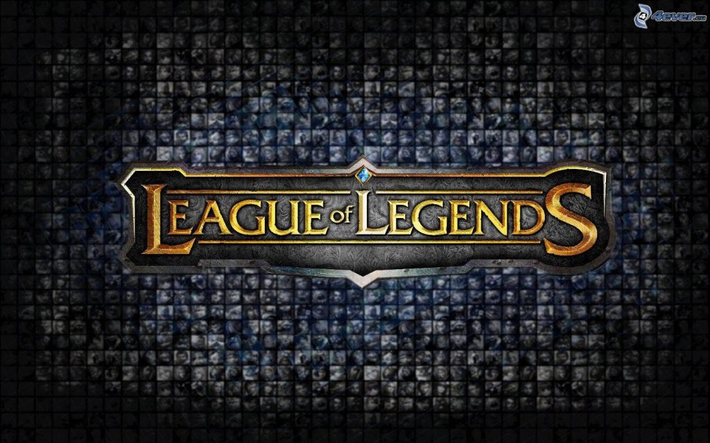 League of Legends wallpaper with metallic gold logo on dark textured grid background for MOBA fans