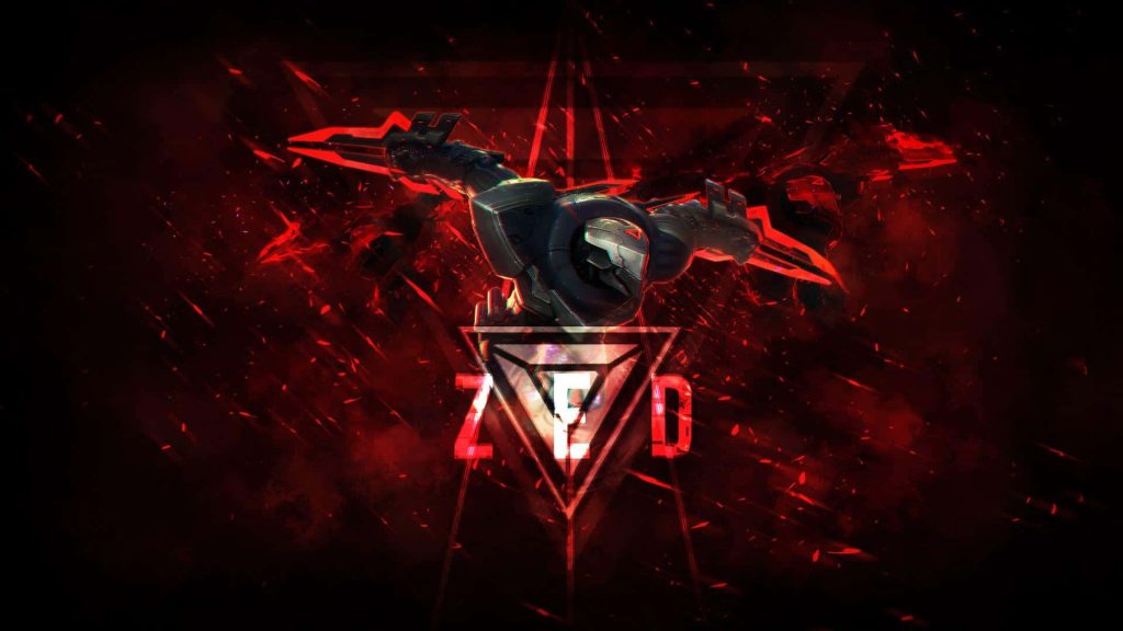 League of Legends Project Zed wallpaper crimson hues dynamic pose bold ZED emblem gaming background
