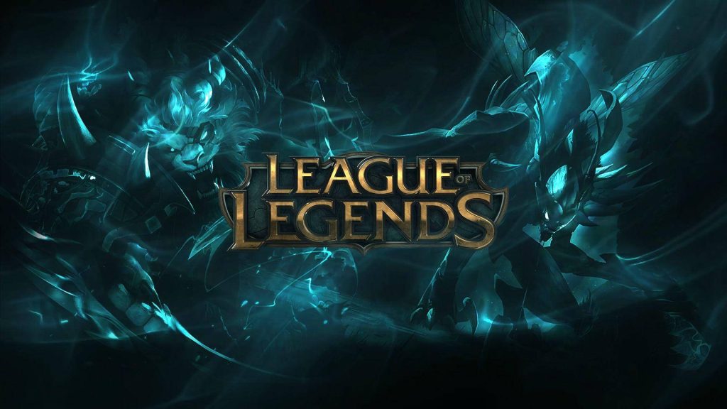 League of Legends wallpaper featuring glowing logo with Rengar and KhaZix rivalry in cyan light
