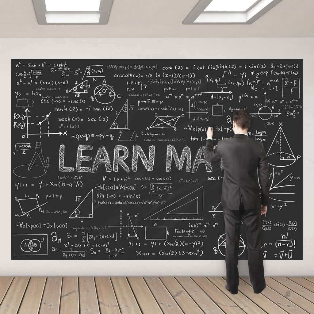 Man in suit before blackboard with complex math formulas geometric diagrams learn math wallpaper