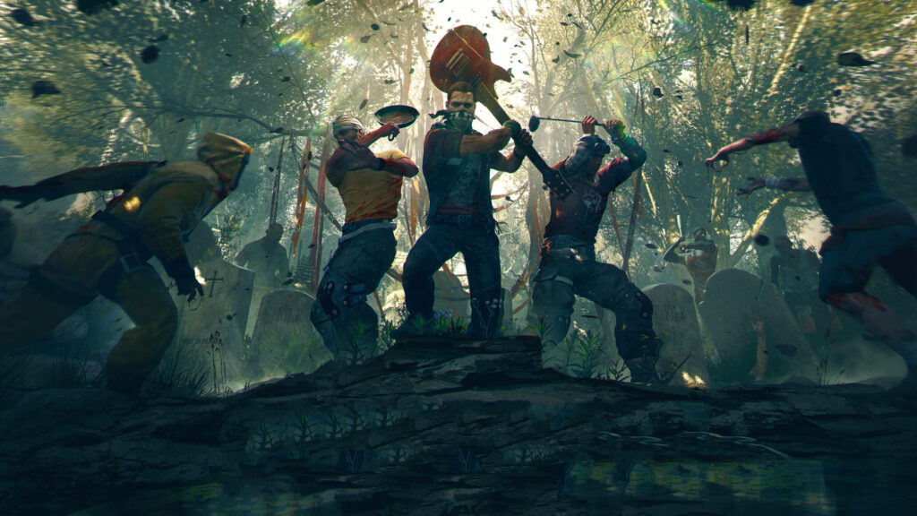 Survivors battle zombies with melee weapons in dark forest from Left 4 Dead and Dying Light wallpaper