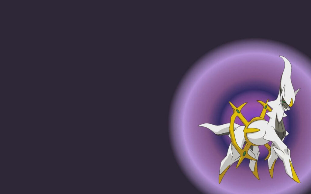 Legendary Arceus standing majestic with glowing aura on deep purple universe wallpaper background