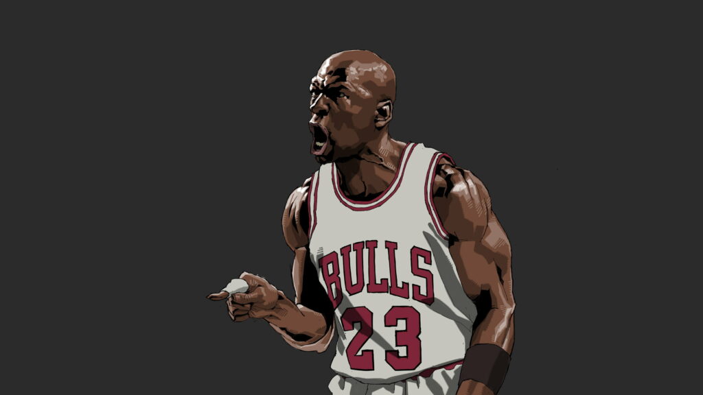 Digital artwork of Michael Jordan in Bulls jersey shouting bold stylized shading basketball wallpaper