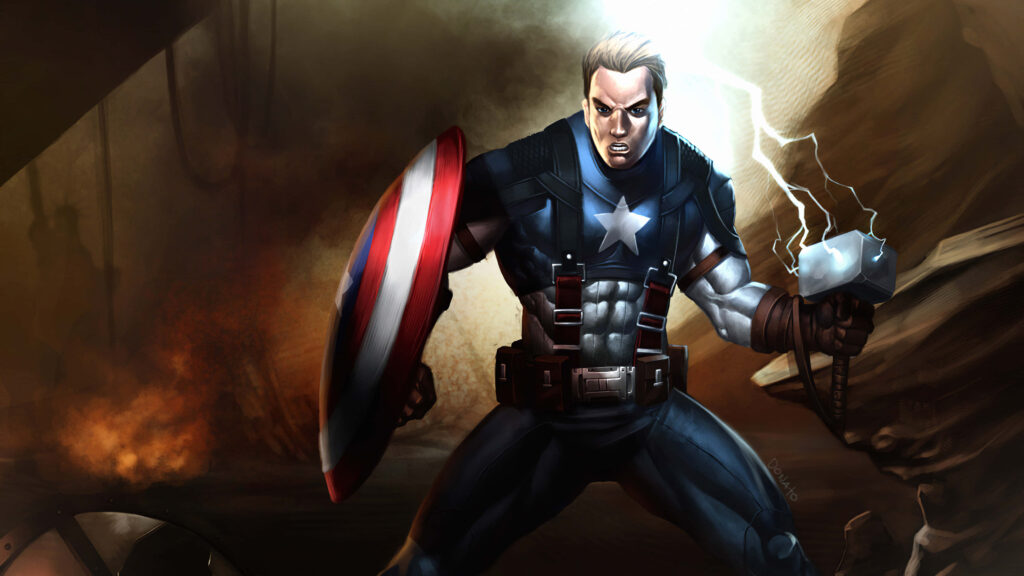 Unbreakable Hero: Captain America Wielding Shield and Mjolnir Amidst Epic War - Enthralling Desktop Masterpiece Wallpaper