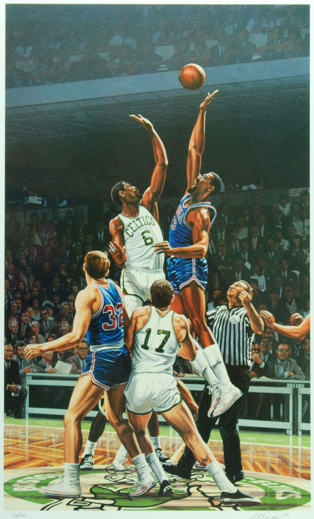Dynamic wallpaper of Bill Russell Celtics and Wilt Chamberlain jump ball vintage NBA rivalry art