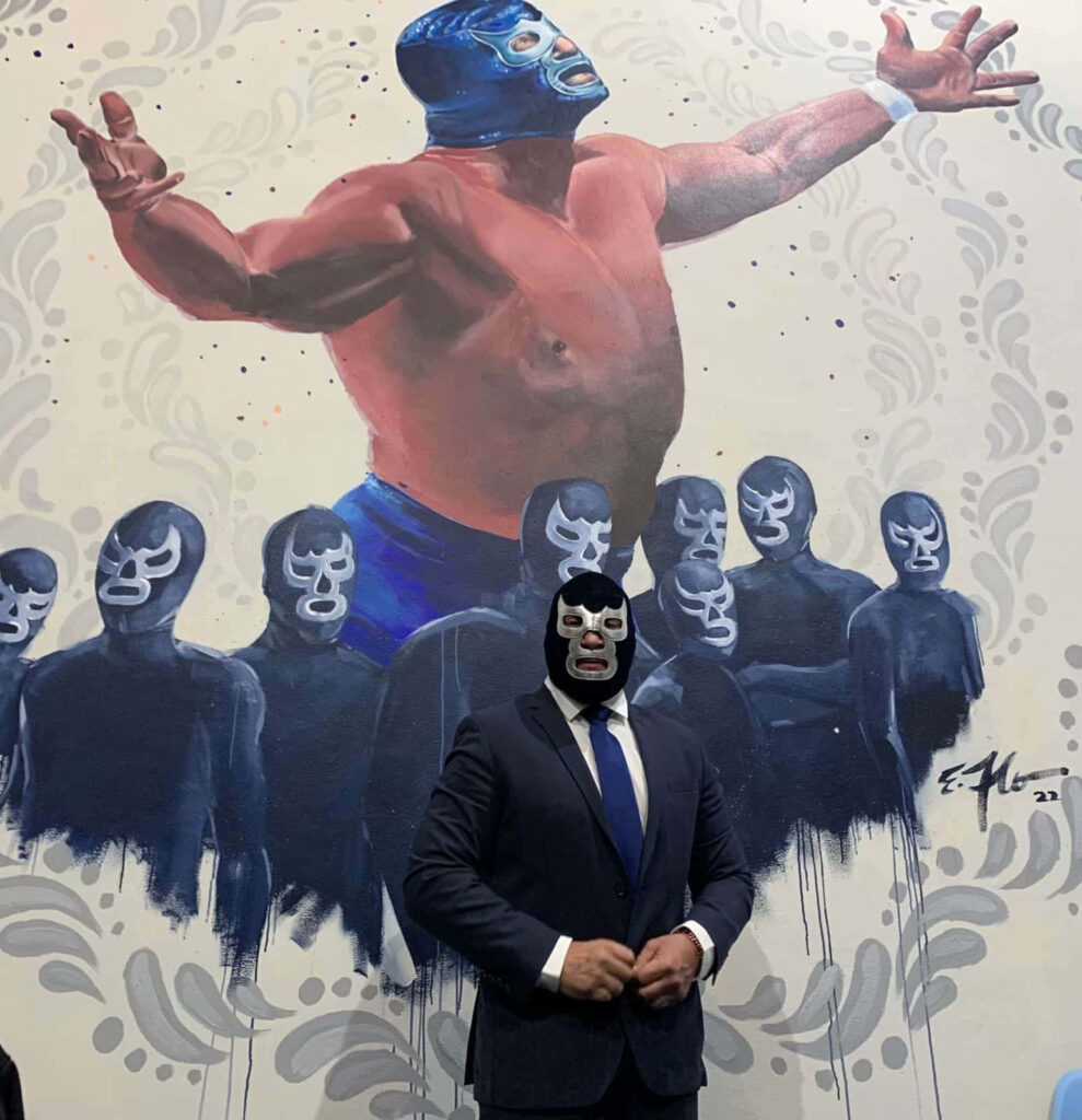 Blue Demon Alejandro Muñoz Moreno mural wallpaper iconic blue-masked lucha libre legend background
