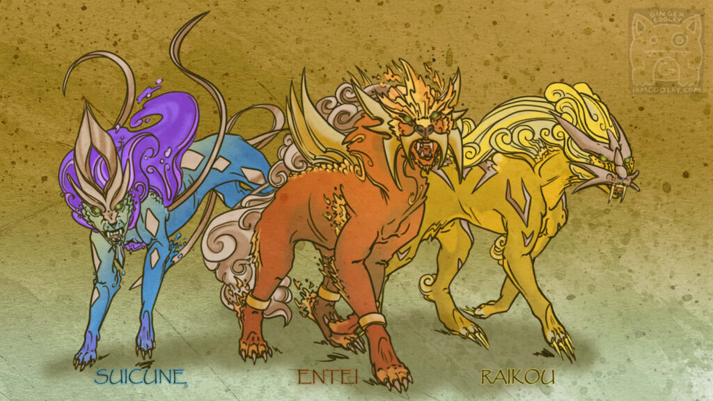 Legendary Canine Trio Unleashed: Suicune, Entei, and Raikou Roam the Mysterious Brown Landscape Wallpaper