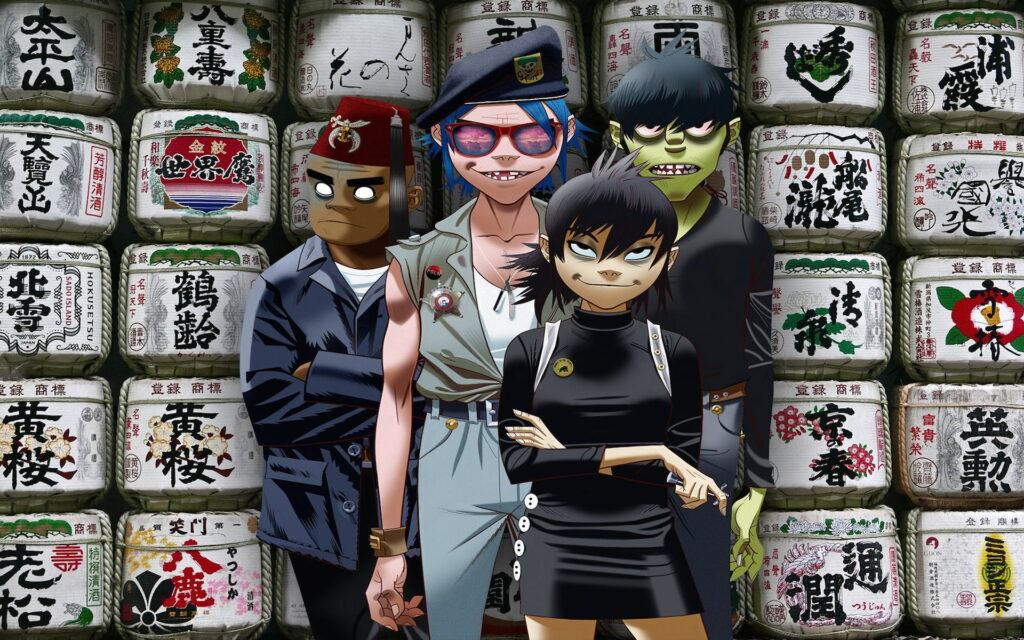 Virtual Band Unleashed: Vibrant Wallpaper Featuring Jamie Hewlett's Gorillaz and Iconic Members Murdoc Niccals, 2-D, Noodle, and Russel Hobbs