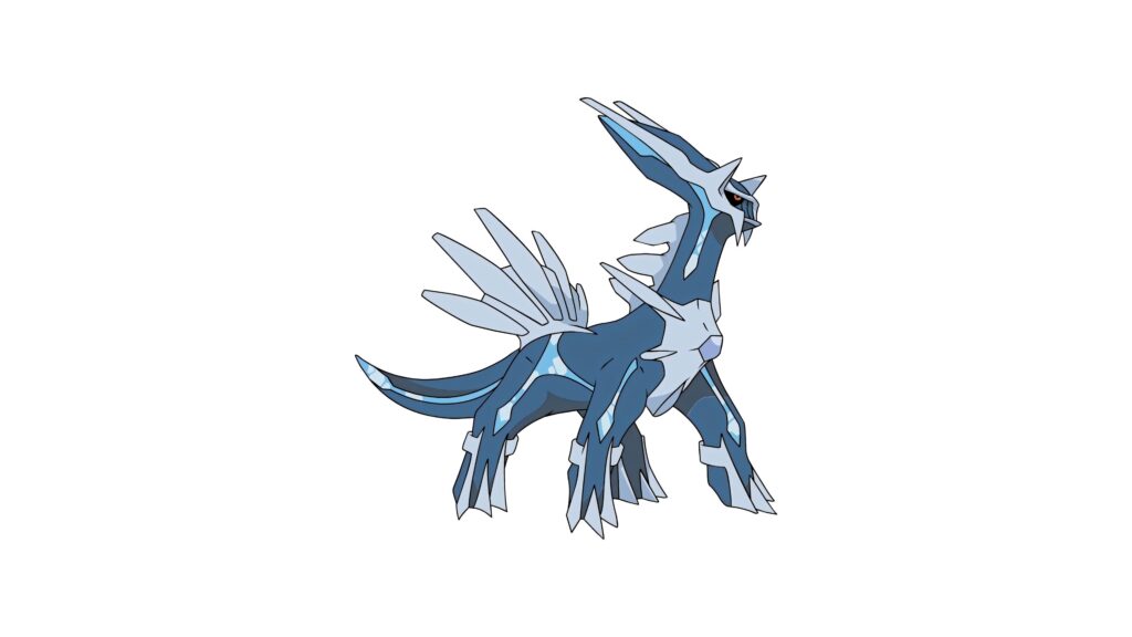 Legendary Dialga in sleek blue silver armor on white background dynamic Pokémon wallpaper